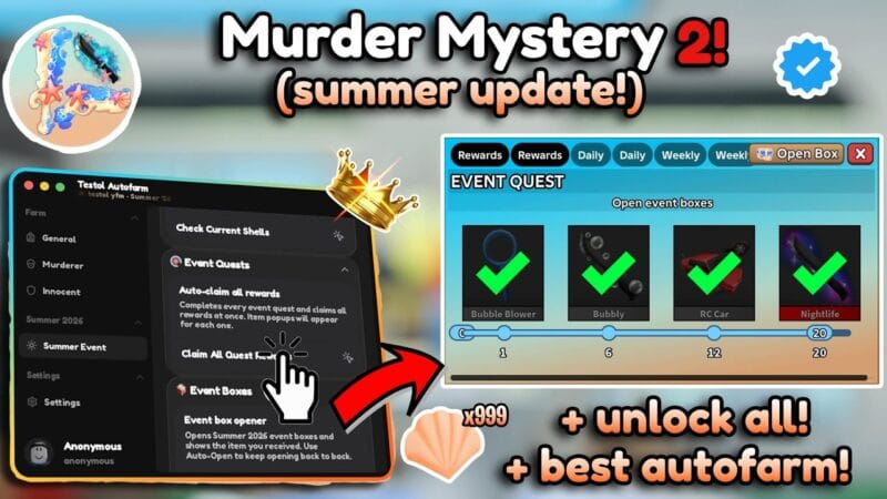[SUMMER 🏝️] Murder mystery 2 AUTOFARM | SEASHELL FARM AUTO COIN WITH AUTOWIN